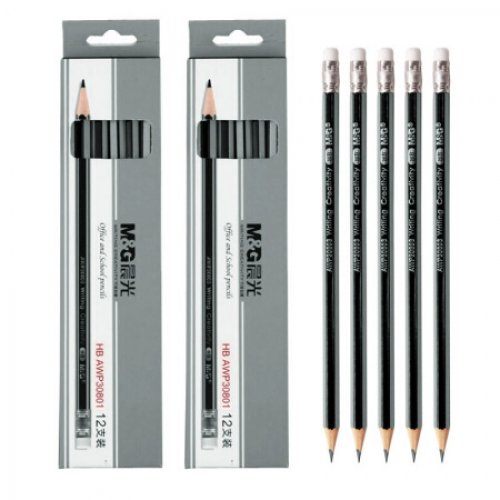 晨光（M&G）木质铅笔HB儿童小学生铅笔1-3年级带橡皮头 HB六角银黑抽条 24支装（AWP30801）
